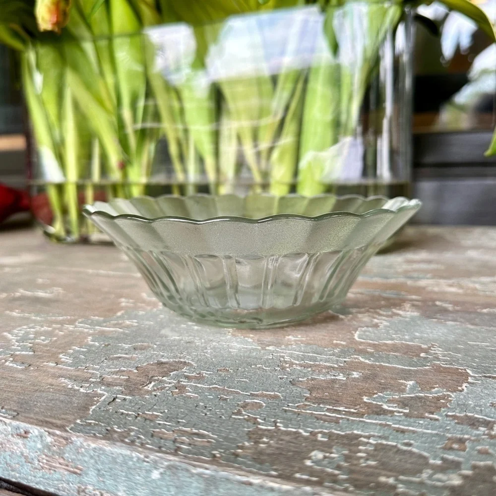SET/6, NOVACRISA MEXICO, WILD ROSE FLORAL BLOSSOM, CLEAR BOWL WITH FROSTED RIM